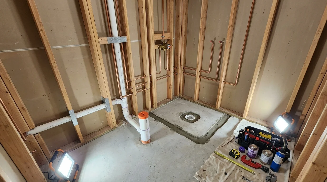 Bathroom rough-in plumbing during remodel by Johns Plumbing LLC in Huntingburg