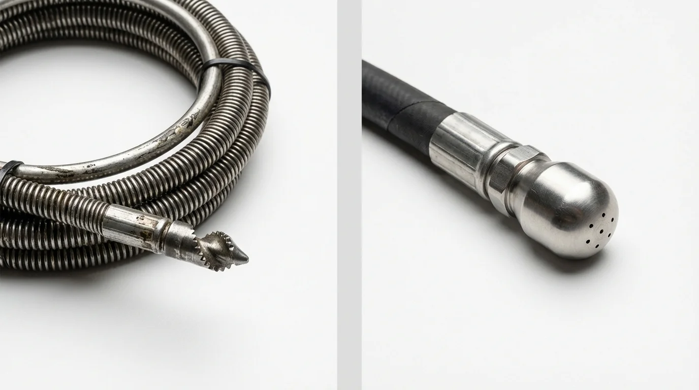 Drain snake cable and hydro jetting nozzle used for drain cleaning in Huntingburg, IN
