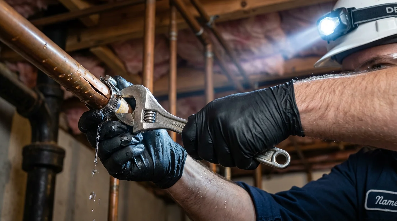 Emergency pipe clamp repair being performed by a Johns Plumbing LLC plumber in Huntingburg