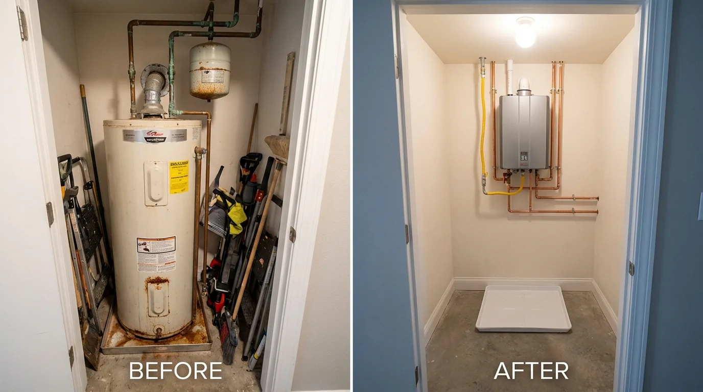 Tank water heater versus wall-mounted tankless unit comparison for Huntingburg, IN homeowners