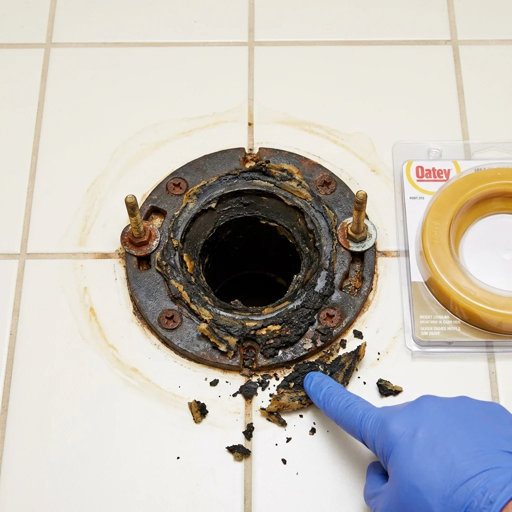 Failed wax ring showing water seepage at the base of a toilet in a Huntingburg, IN home