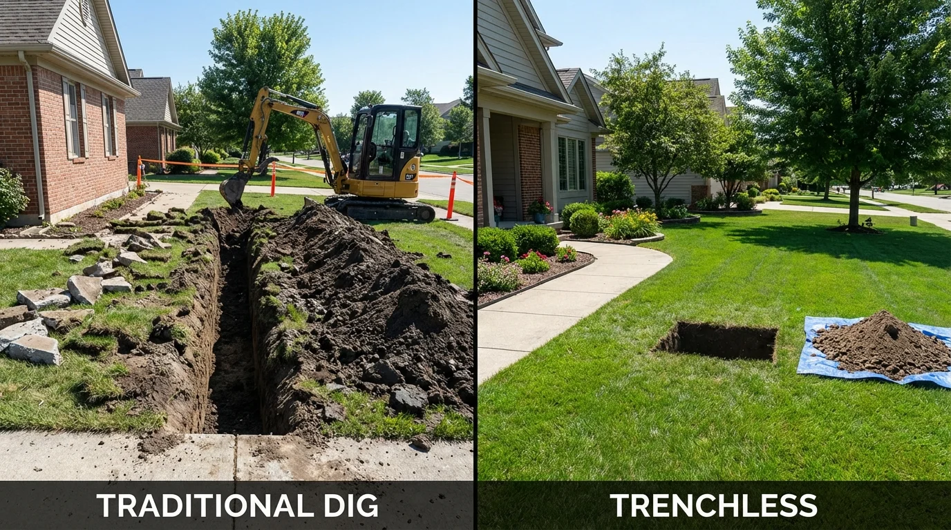Trenchless sewer repair with minimal yard damage versus traditional excavation in Huntingburg, IN