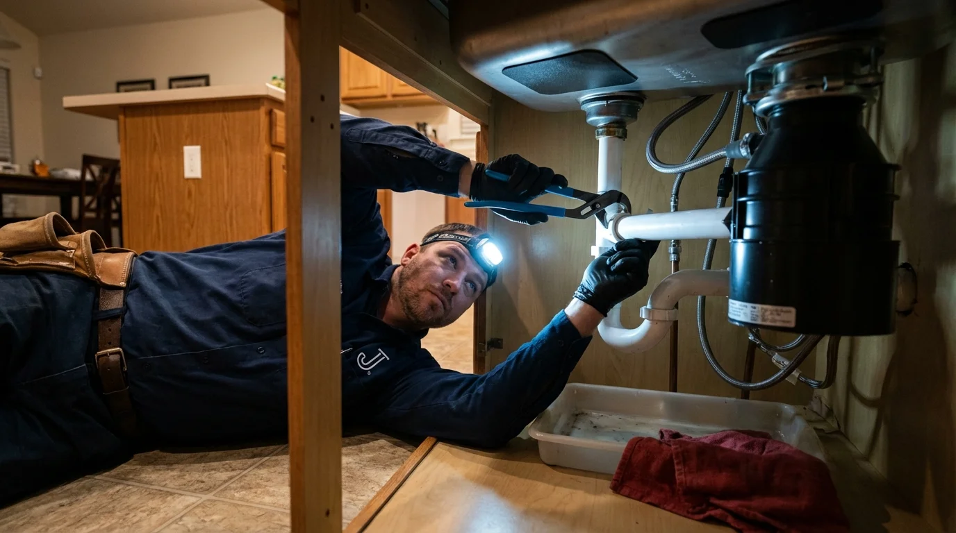 P-trap and supply line connections under a kitchen sink showing a common leak point in Huntingburg, IN